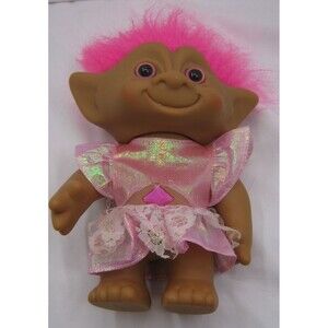 VTG Large 7" Posable Ace Novelty Treasure Troll With Jewel Belly Pink Hair
